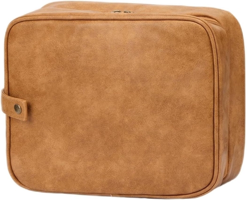 acheter 3 en 1 maquillage toilettes sac de voyage en cuir brun résistant à l'eau suspendu avec des crochets online manufacture