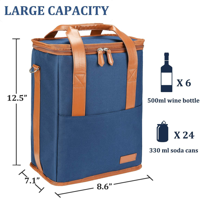 Xl sac de refroidisseur isolé personnalisé pour l'épicerie 6 bouteilles de vin 8.6X7.1X12.5 