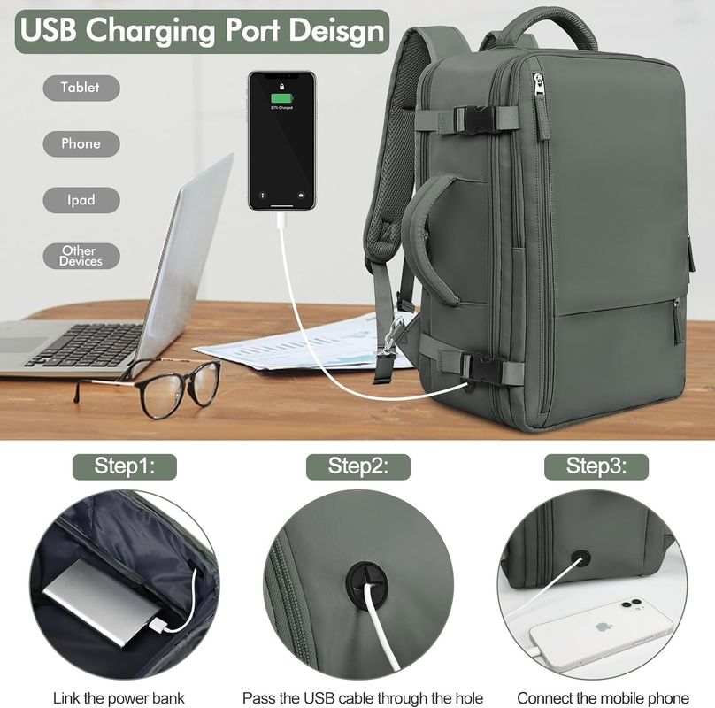 Sac à bagages de transport occasionnel sac de voyage à dos vert olive avec port de recharge USB