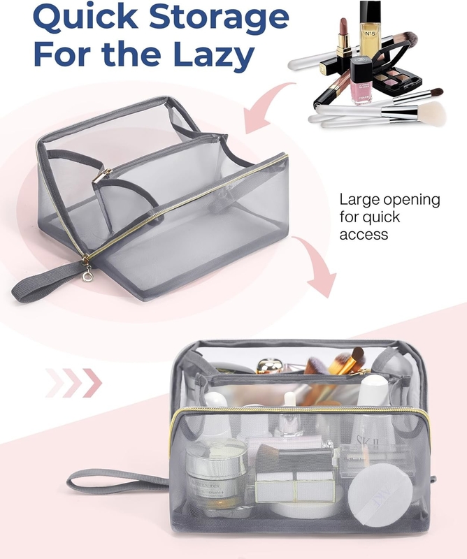 Portatif gros sac cosmétique à mailles noires ouvert organisateur plat sac de voyage pour hommes femmes