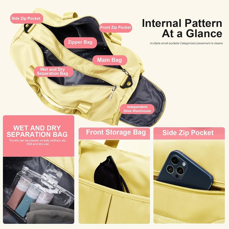 Yoga Gym Sports en plein air Week-end Nuit Sac de voyage Couleur jaune clair Taille grande