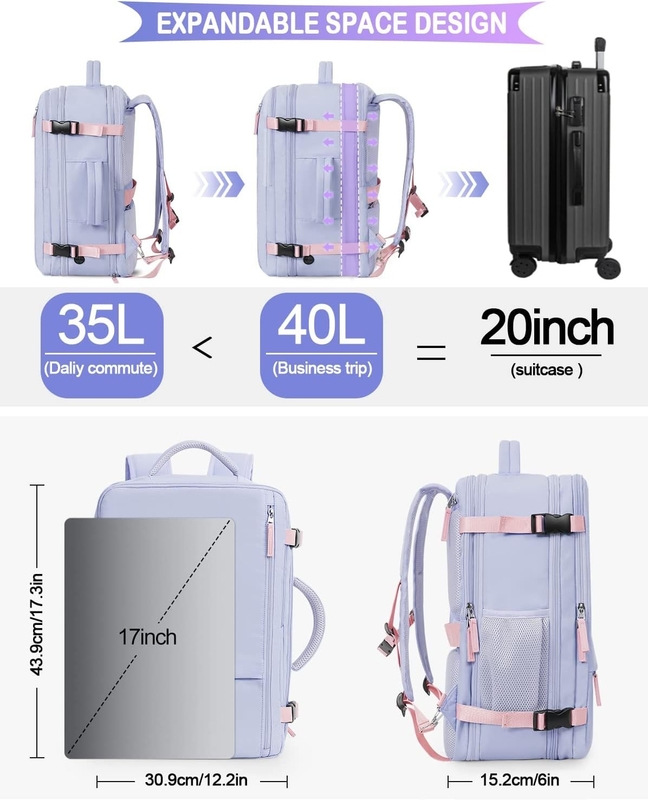 Portable violet de 17,3 pouces Compagnie aérienne approuvée Portez vos bagages comme objets personnels Week-end Randonnée sac de voyage pour femmes