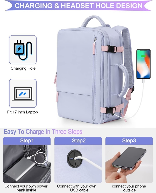 Portable violet de 17,3 pouces Compagnie aérienne approuvée Portez vos bagages comme objets personnels Week-end Randonnée sac de voyage pour femmes