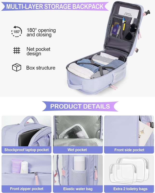 Portable violet de 17,3 pouces Compagnie aérienne approuvée Portez vos bagages comme objets personnels Week-end Randonnée sac de voyage pour femmes