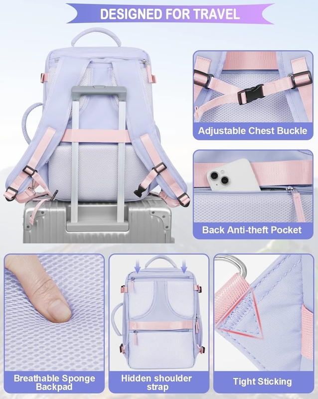 Portable violet de 17,3 pouces Compagnie aérienne approuvée Portez vos bagages comme objets personnels Week-end Randonnée sac de voyage pour femmes