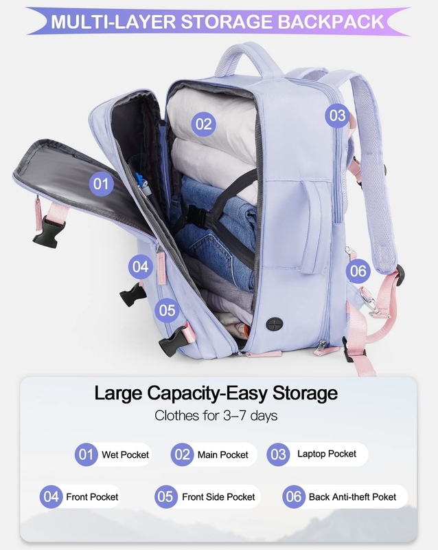 Portable violet de 17,3 pouces Compagnie aérienne approuvée Portez vos bagages comme objets personnels Week-end Randonnée sac de voyage pour femmes