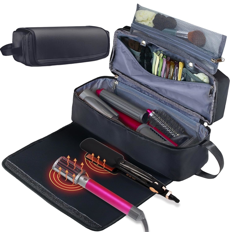 Sac de voyage pour cheveux 2 en 1 avec tapis résistant à la chaleur pour fer plat Détrier Fer à friser et accessoires de coiffure
