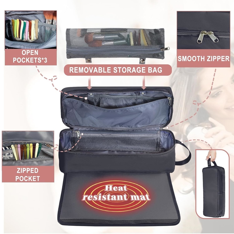 Sac de voyage pour cheveux 2 en 1 avec tapis résistant à la chaleur pour fer plat Détrier Fer à friser et accessoires de coiffure