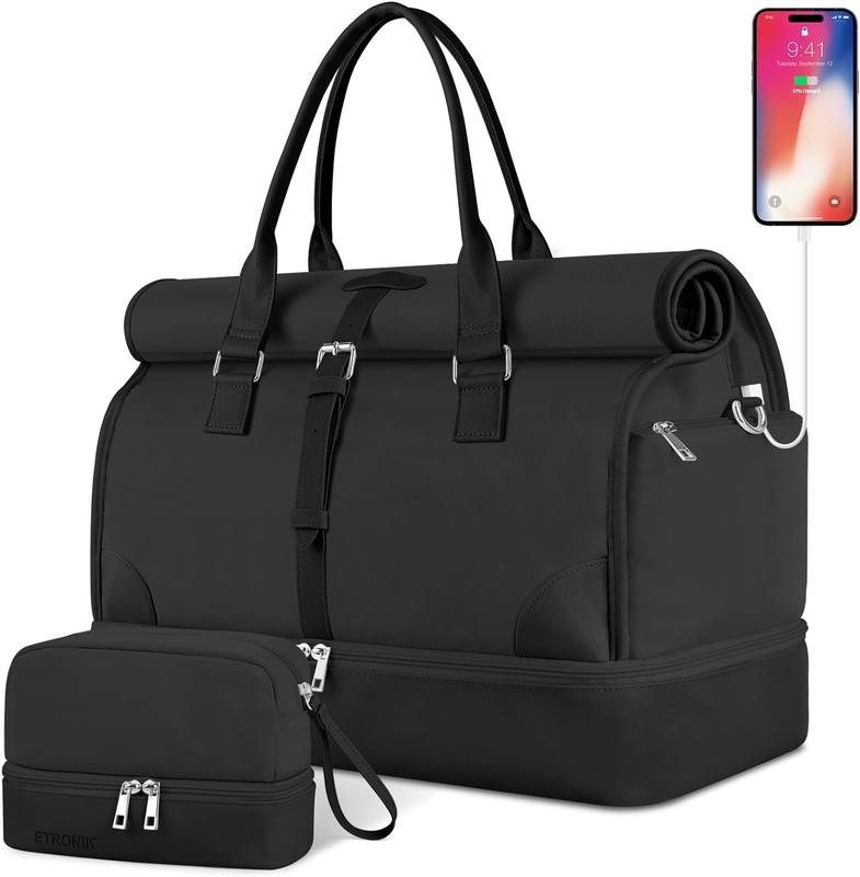 Tissu noir portable élargi Avions week-end Toilette sac de voyage avec compartiment chaussure et port de charge USB