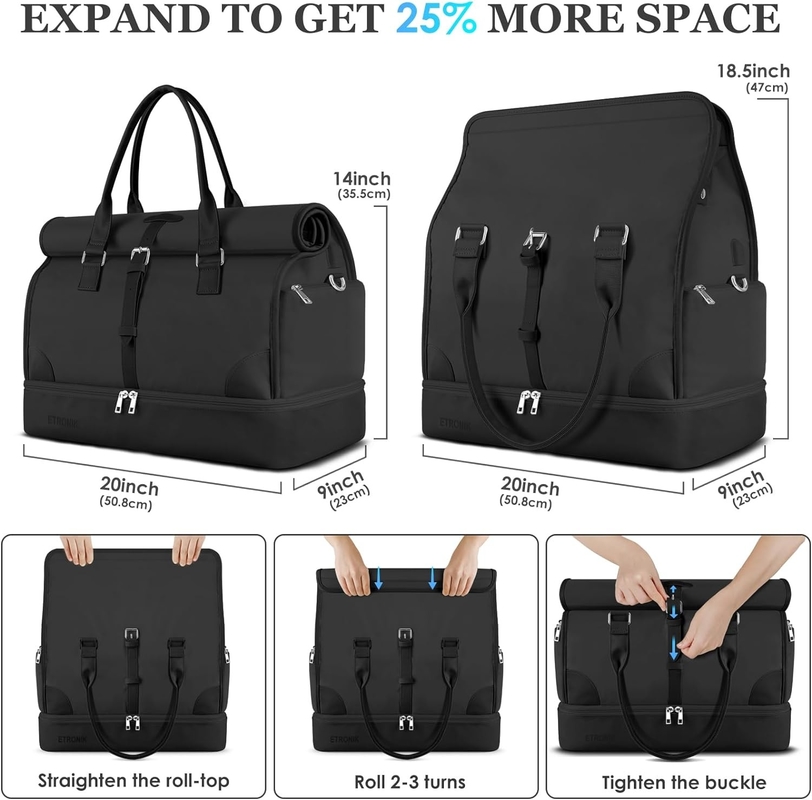 Tissu noir portable élargi Avions week-end Toilette sac de voyage avec compartiment chaussure et port de charge USB