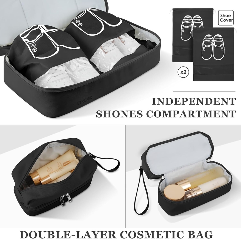 Tissu noir portable élargi Avions week-end Toilette sac de voyage avec compartiment chaussure et port de charge USB