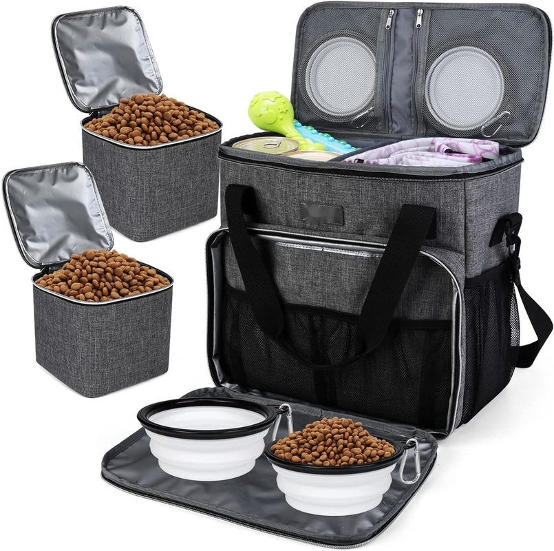 Sac de voyage pour chiens et chats avec 2 contenants de nourriture pour animaux de compagnie et 2 bols de silicone pliables