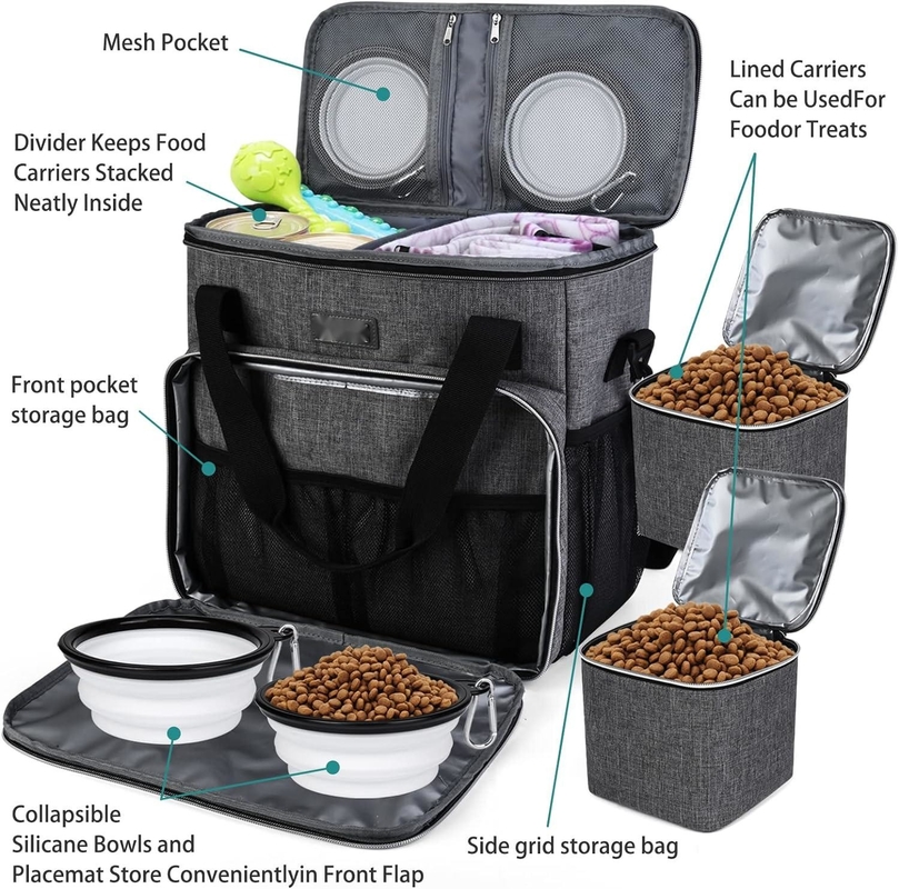 Sac de voyage pour chiens et chats avec 2 contenants de nourriture pour animaux de compagnie et 2 bols de silicone pliables