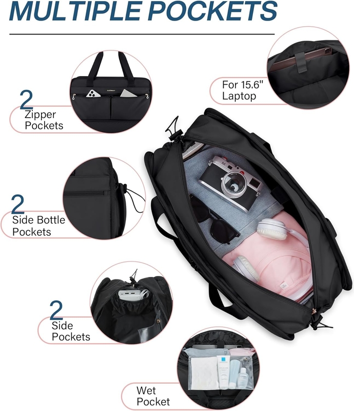 Large noir 40L Portable Week-end sac de nuit Sports Gym Yoga personnalisé Avec poches à chaussures