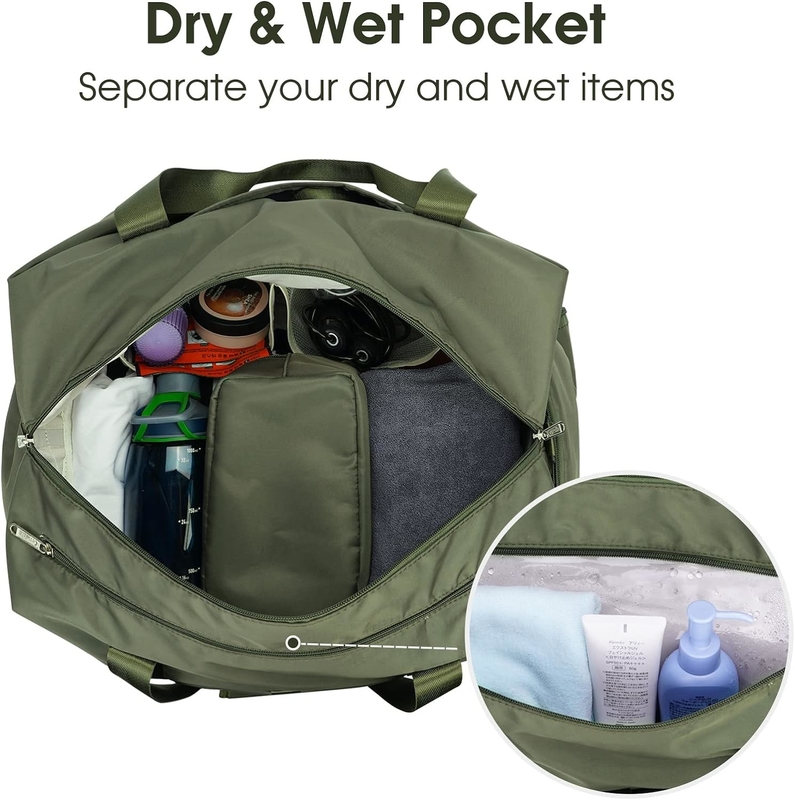 Sac de week-end vert portable avec chaussures de poche mouillées