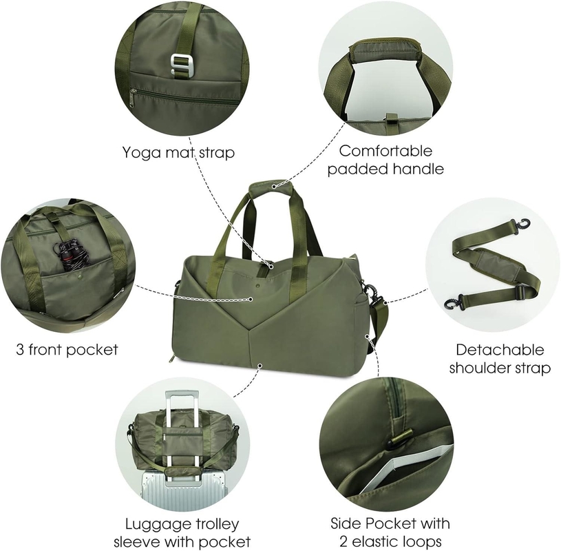 Sac de week-end vert portable avec chaussures de poche mouillées