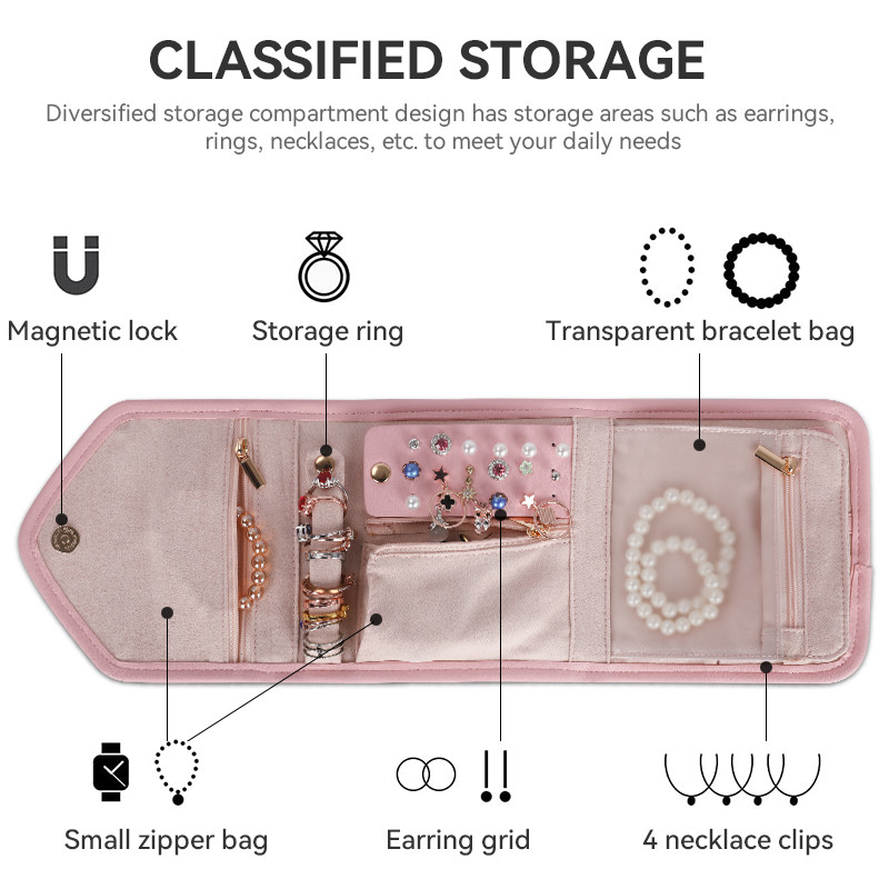 Sac à bijoux pliable pour le stockage de bijoux, mini organisateur de voyage, sac à rouleaux de bijoux, 14,5 x 3 x 15 cm