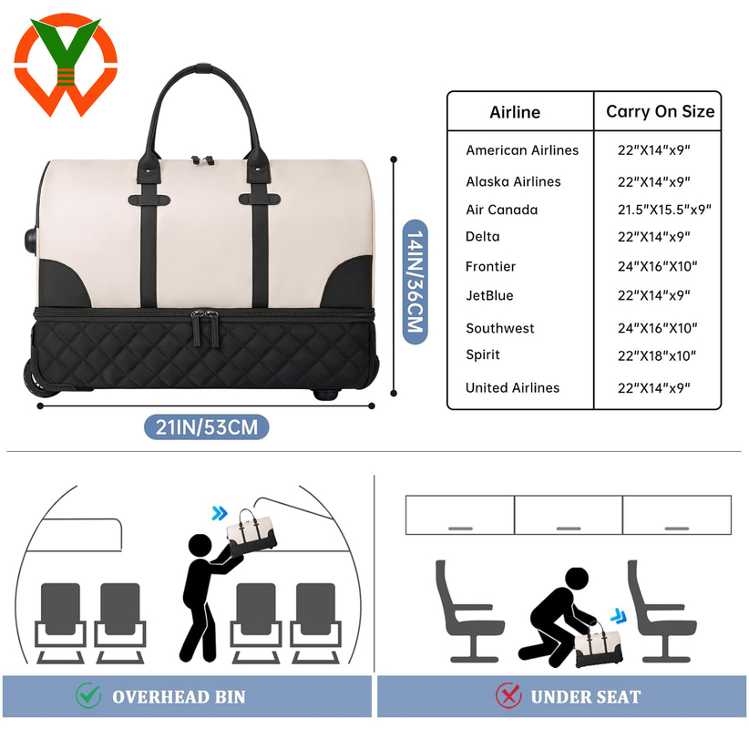 Sac à dos à rouleaux de grande capacité de 21 pouces avec un compartiment chaussures et des roues pour femmes