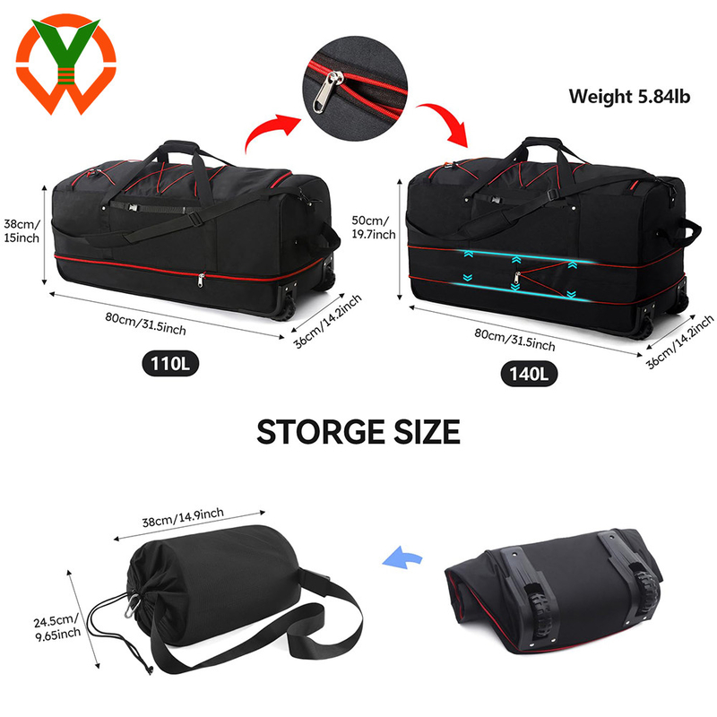 120L/140L roue en caoutchouc double pliable sac de voyage et plusieurs poches et compartiments